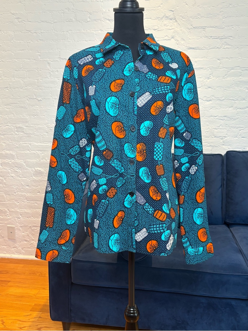 Mae Otti Women's African Printed Button- Down Shirt  in Teal & Orange - XL
